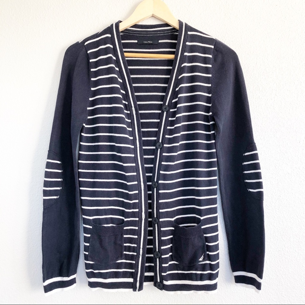 Nautica Navy Blue Striped Cardigan Elbow Patches